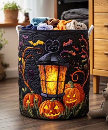 Fright Delight Quilted Laundry Bag - Charming Halloween Fabric Storage Hamper With Handles, Large Foldable Quilted Organizer, Durable & Easy-Care