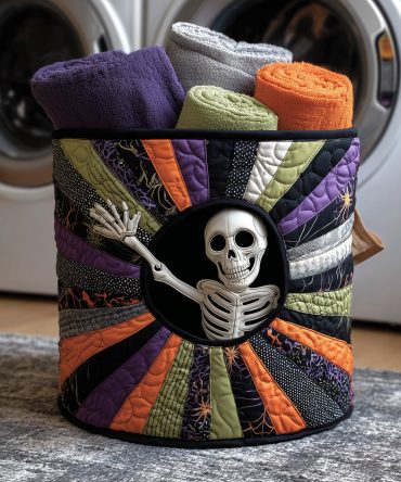 Fright Night Quilted Laundry Basket – Dark Halloween Print Fabric Hamper, Foldable Sturdy Laundry Storage For Bedroom & Kids Rooms