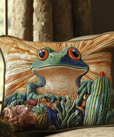 Frog Cacti Quilted Accent Pillow Cover — Playful Desert Motif With Frogs & Succulents, Quilted Throw Sham For Eclectic & Southwestern Rooms