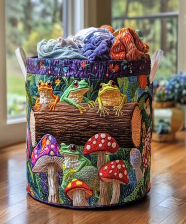 Frog Family Quilted Laundry Hamper - Playful Frog Print Fabric Basket, Foldable Kids Laundry Organizer With Soft Handles & Stain-Resistant Liner