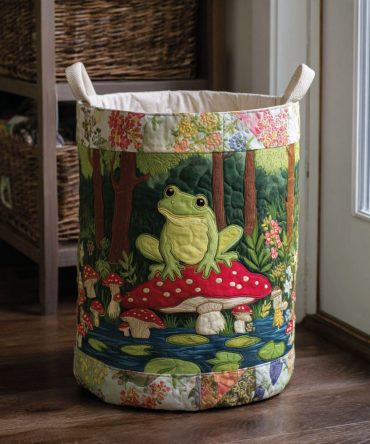 Frog Pond Quilted Laundry Hamper — Whimsical Pond Scene Collapsible Fabric Storage Basket, Cute Organizer For Nursery, Playroom & Bathroom
