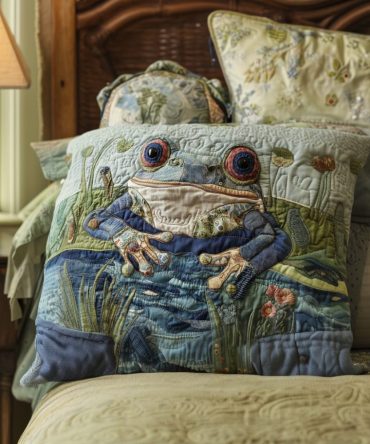 Frog Symphony Quilted Throw Pillow Cover — Musical Frog & Floral Accent, Soft Cotton-Blend Decorative Cushion Cover For Sofa & Bed