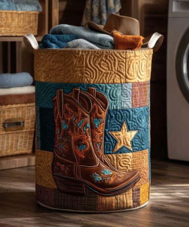 Frontier Boots Quilted Laundry Hamper – Western Boot Quilted Fabric Laundry Basket With Handles, Collapsible Storage & Organizer