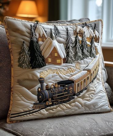 Winter Frost Rail Quilted Throw Pillow Cover — Subtle Snow & Rail Motif, Plush Quilting, Hidden Zip, Machine-Washable Winter Accent For Sofa & Bed