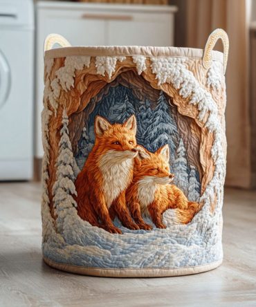 Frost Cave Fox Quilted Laundry Hamper – Arctic Fox Themed Fabric Basket, Sturdy Foldable Storage For Bedroom & Nursery