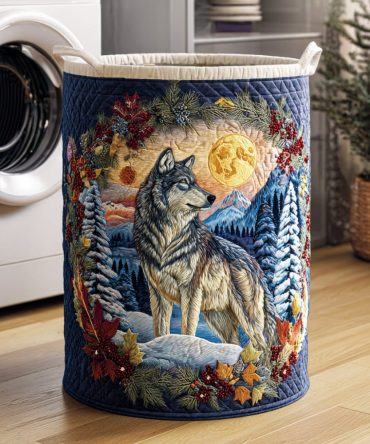 Frost Moon Wolf Quilted Laundry Hamper — Winter Wolf Print Storage Basket For Kids & Adults, Sturdy Quilted Fabric & Foldable