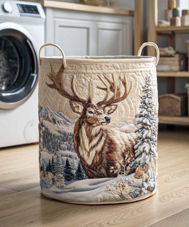 Frostbound Stag Quilted Laundry Basket – Large Foldable Fabric Hamper With Reinforced Handles, Machine-Washable Liner & Winter Lodge Aesthetic