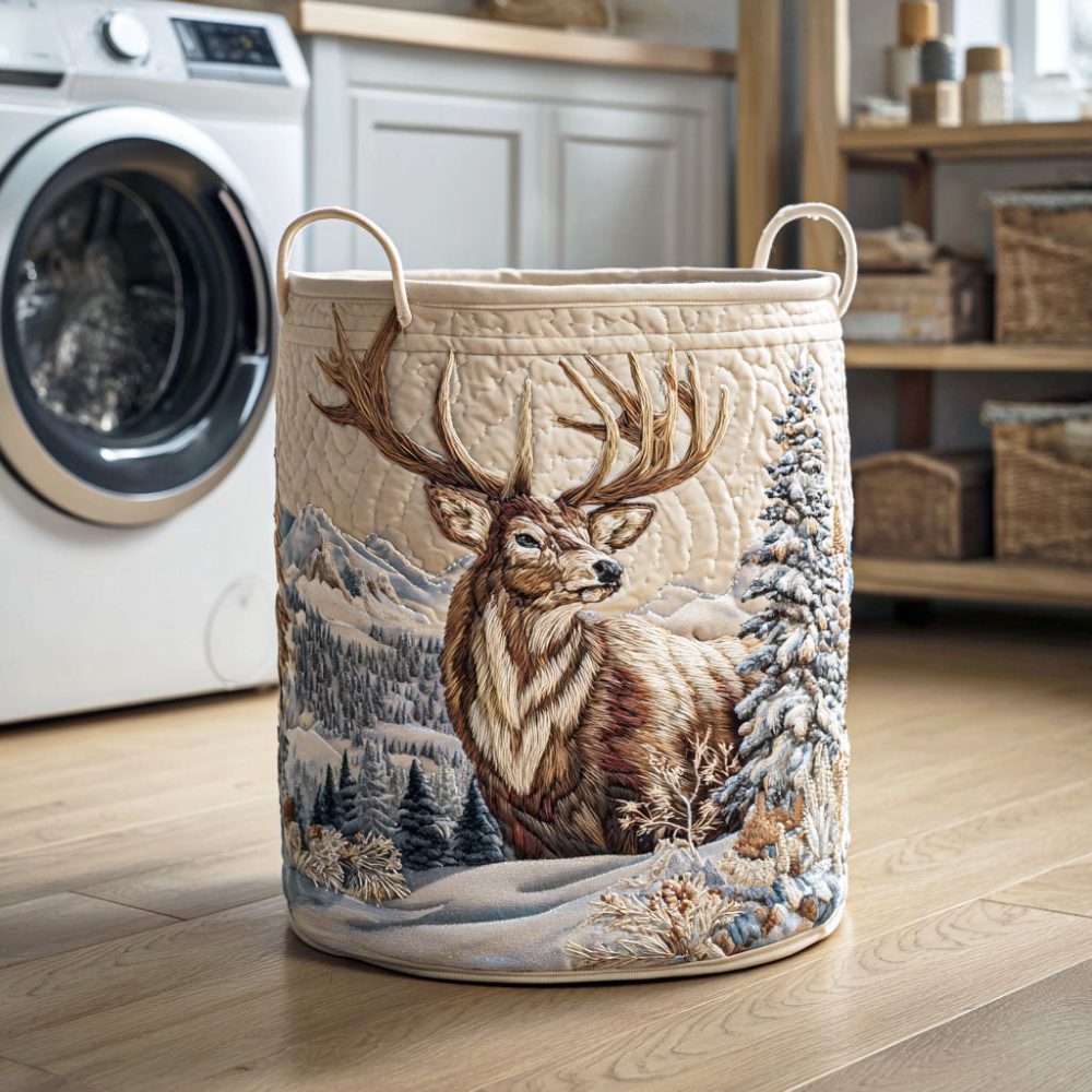 Frostbound Stag Quilted Laundry Basket – Large Foldable Fabric Hamper With Reinforced Handles, Machine-Washable Liner & Winter Lodge Aesthetic