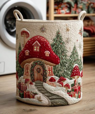Frostcap Mushroom Trail Quilted Laundry Hamper - Winter Mushroom Print Storage Basket, Foldable & Durable Laundry Organizer