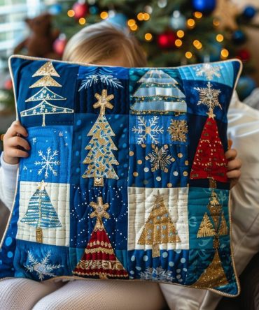 Christmas Festivities Quilted Decorative Pillow Cover — 18X18In Festive Prints Holiday Throw Pillowcase, Soft Quilted Cotton, Reversible & Easy Care, Party-Ready