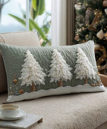 Frosted Pines Quilted Pillow Cover - Icy Pinecone Christmas Throw Pillow Sham For Winter Cottage, Mantel & Seasonal Decor