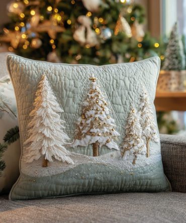 Frosted Pines Quilted Pillow Cover — Snow-Kissed Pine Design, Cozy Quilting & Hidden Zipper For Easy Care, Ideal Winter Accent Piece