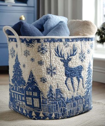 Frosted Antlers Quilted Laundry Hamper - Chic Frosted Antler Pattern Collapsible Fabric Basket, Lined & Durable For Holiday Organization