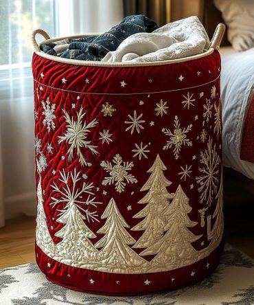 Frosted Forest Quilted Laundry Hamper — Winter-Inspired Foldable Hamper With Insulated, Water-Resistant Lining, Sturdy Handles & Elegant Snowy Print