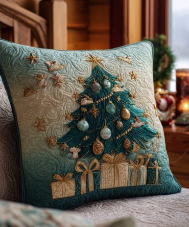 Frosted Forest Quilted Pillow Cover — Winter Woodland Accent For Sofa & Bed, Elegant Snowy Pine Design, Machine-Washable