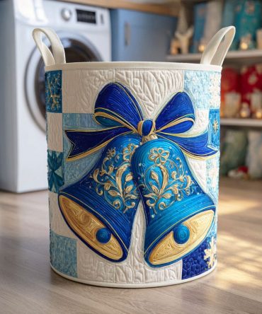 Frosted Holiday Ribbon Quilted Hamper — Elegant Festive Laundry Basket With Handles, Collapsible Storage For Seasonal Decor & Gifts