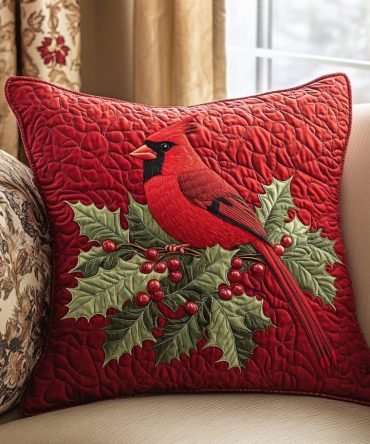 Frosted Perch Quilted Pillow Cover — Snow-Kissed Cardinal Throw Case For Wintery Holiday Styling, Soft Quilted Design