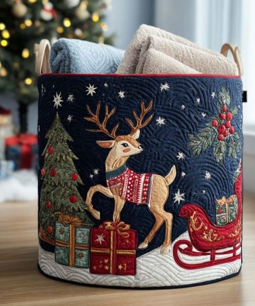 Frostlight Reindeer Quilted Laundry Hamper - Elegant Frost Reindeer Fabric Basket, Collapsible & Lined For Winter Storage And Holiday Décor