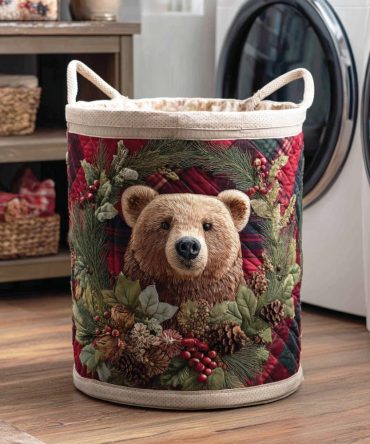 Frostwood Bear Quilted Laundry Hamper — Rustic Frostwood Bear Pattern, Collapsible Large Fabric Basket With Handles For Home, Cabin & Dorm Organization