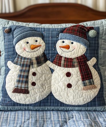 Frosty Friends Quilted Pillow Sham, Cute Snowman Holiday Throw Pillow Cover For Seasonal Kids & Family Decor, Soft & Machine Washable