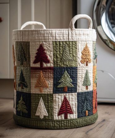 Festive Frosted Pine Quilted Laundry Hamper — Holiday Tree Fabric Storage Basket, Collapsible Laundry Organizer With Handles