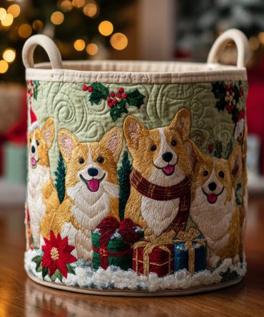 Frosty Corgi Wishes Quilted Hamper — Winter-Themed Foldable Laundry Organizer With Cute Corgi Motif, Durable Handles & Cozy Quilting
