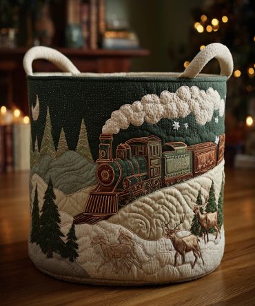 Frosty Engine Quilted Laundry Hamper — Vintage Train Motif, Collapsible Fabric Storage Basket For Holiday Décor & Everyday Use