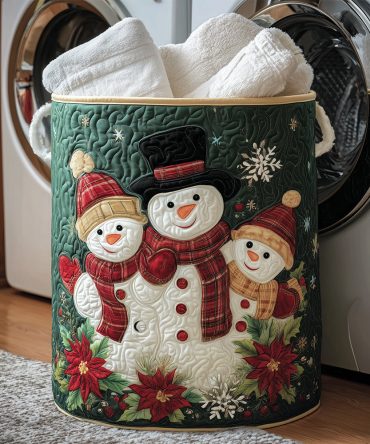 Festive Frosty Family Quilted Laundry Hamper — Large Holiday Storage Basket With Handles, Durable Washable Liner