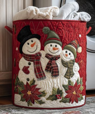 Frosty Family Joy Quilted Laundry Hamper — Decorative Holiday Storage Basket With Sturdy Handles & Machine-Washable Liner
