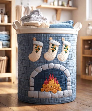 Frosty Fireplace Quilted Laundry Hamper - Cozy Holiday Washable Fabric Basket For Clothes, Throws & Seasonal Décor