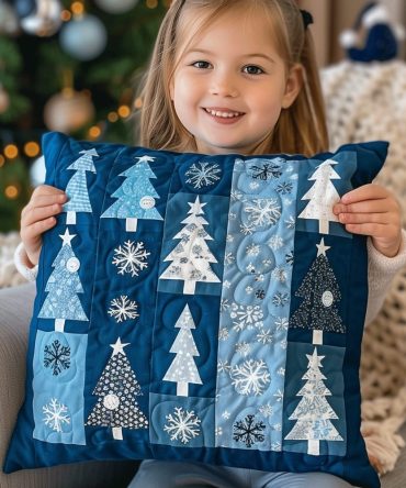 Frosty Forest Quilted Pillow Cover — Winter Woodland Decorative Throw Pillow Case With Snowy Pine Scene, Cozy Seasonal Accent, Machine-Washable