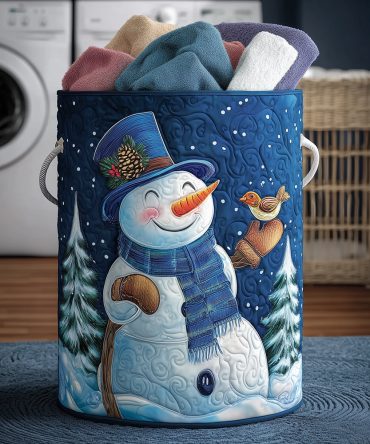 Frosty Friends Quilted Laundry Hamper — Charming Holiday Storage Basket With Durable Stitching, Soft Liner & Easy-Carry Handles
