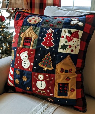 Frosty Friends Quilted Pillow Cover — Cute Snowman & Winter Scene Throw Pillow Case, Holiday Decor For Sofa & Nursery