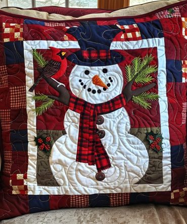 Frosty Greetings Quilted Pillow Cover — Classic Winter Holiday Throw Pillow Case, Soft Decorative Accent For Sofa & Bed