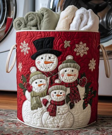 Frosty Home Crew Quilted Laundry Hamper — Winter-Themed Foldable Storage Basket, Soft Quilting, Sturdy Handles, Cozy Room Organizer