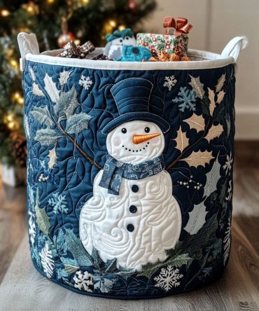 Frosty Joy Quilted Winter Laundry Hamper – Charming Snowman Print Foldable Fabric Basket With Handles, Ideal Holiday Storage