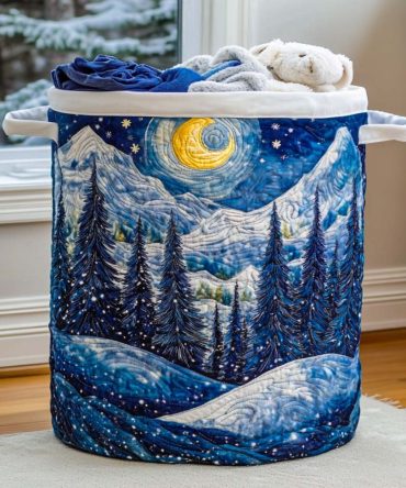Frosty Moon Quilted Cotton Laundry Hamper — Large Foldable Laundry Basket With Reinforced Handles For Stylish Bedroom & Bathroom Storage