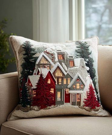 Frosty Night Quilted Pillow Cover - Elegant Snowy Scene Christmas Pillowcase For Holiday Bedroom, Mantel & Cozy Living Spaces