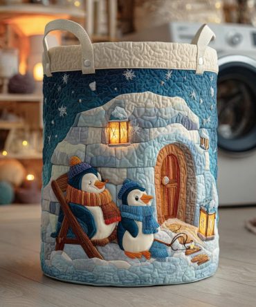 Frosty Penguin Friends Quilted Laundry Hamper - Playful Penguin Scene Foldable Fabric Storage Basket For Nursery & Kids' Rooms