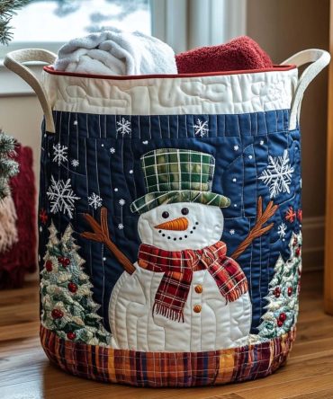 Frosty Pines Quilted Holiday Laundry Hamper — Winter Pine Forest Collapsible Fabric Basket With Festive Seasonal Print