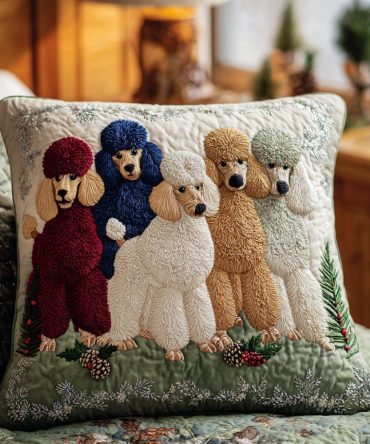 Frosty Poodle Dreams Quilted Pillow Cover — Elegant Poodle Winter Throw Pillow Case For Chic Holiday Decor, Sofa & Bedroom Accent