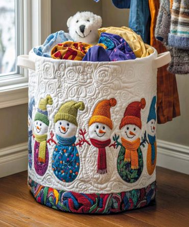 Insulated Quilted Fabric Laundry Basket — Frosty Smiles Design, Lightweight Foldable Hamper With Handles For Home