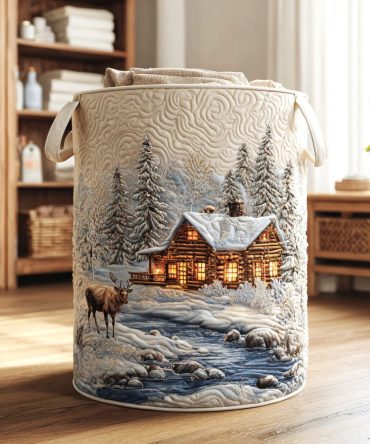 Winter Quilted Laundry Hamper - Frosty Trail Design, Collapsible Fabric Clothes Basket, Machine Washable & Seasonal Home Organizer