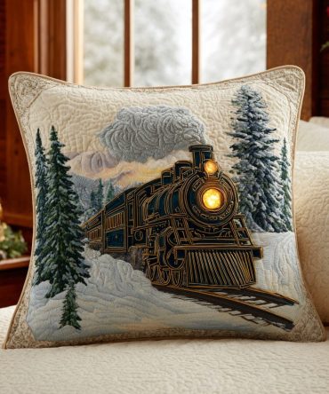 Frosty Train Ride Quilted Pillow Cover - Winter Snow Scene Christmas Pillowcase For Mantel, Sofa & Holiday Gifting