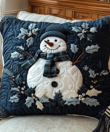 Frosty'S Cozy Wonderland Quilted Holiday Pillow Cover — Whimsical Snowman Throw Pillow Case, Festive Winter Decorative Accent For Home, Cotton Blend