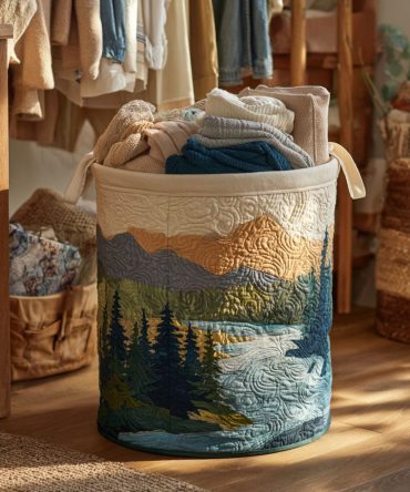 Frozen Peaks Quilted Laundry Hamper — Arctic Mountain Print Foldable Storage Basket With Reinforced Handles & Machine-Washable Liner