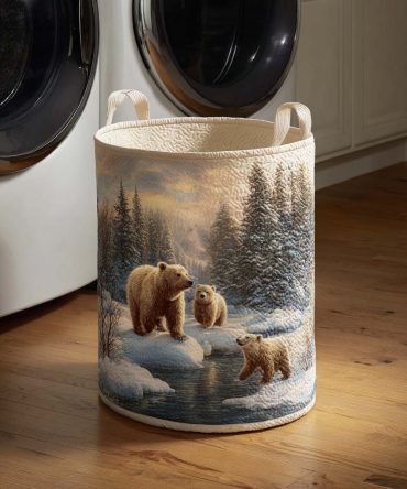 Frozen Trail Quilted Storage Hamper — Frosty Foldable Laundry Basket With Winter Trail Design, Durable Handles & Padded Quilting