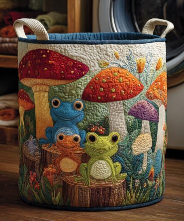 Whimsical Quilted Laundry Hamper - Fungus Mushroom Motif, Collapsible Fabric Basket For Clothes & Toys, Machine Washable & Durable Storage