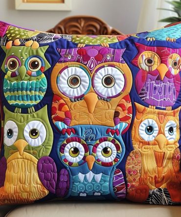 Vibrant Funky Owl Quilted Pillowcase — Bold Quilted Decorative Pillow Cover For Sofa, Bed & Nursery, Machine-Washable Accent