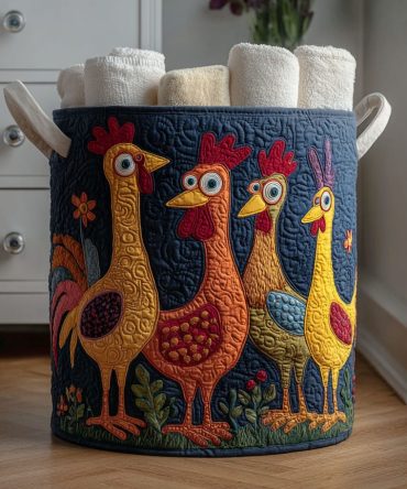 Funky Rooster Parade Quilted Laundry Hamper — Colorful Rooster-Print Fabric Basket, Spacious Foldable Laundry Organizer With Handles